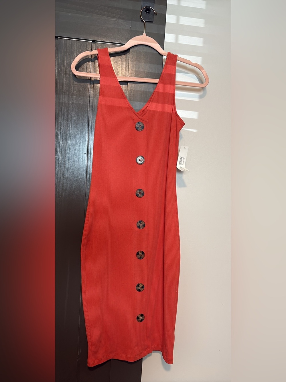 Red Ribbed Button-Front Midi Dress